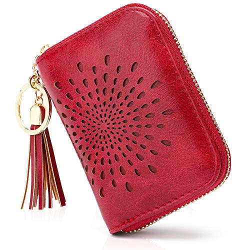 APHISON RFID Credit Card Holder Zipper Card Case Keychain Small Wallet for Women 1927 RED - Image 1
