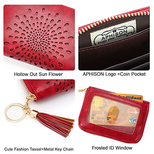 APHISON RFID Credit Card Holder Zipper Card Case Keychain Small Wallet for Women 1927 RED - Image 4