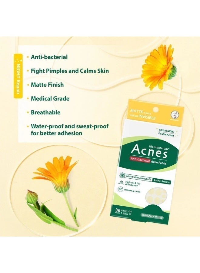 Mentholatum Acnes Anti-Bacterial Calendula Night Acne Patches, Hydrocolloid Pimple Patches with Calendula Oil, Almost Invisible Matte Finish, Waterproof & Sweatproof, 36 Patches - Image 3
