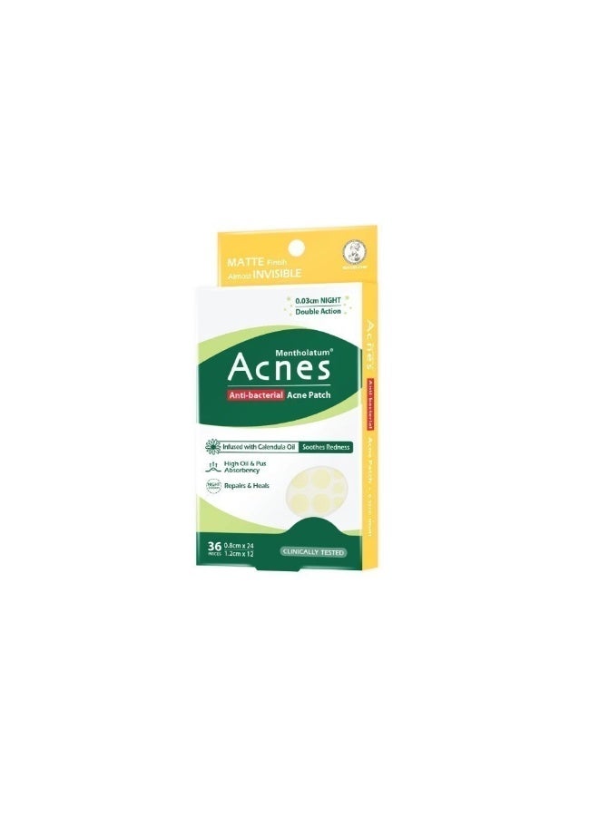 Mentholatum Acnes Anti-Bacterial Calendula Night Acne Patches, Hydrocolloid Pimple Patches with Calendula Oil, Almost Invisible Matte Finish, Waterproof & Sweatproof, 36 Patches - Image 1