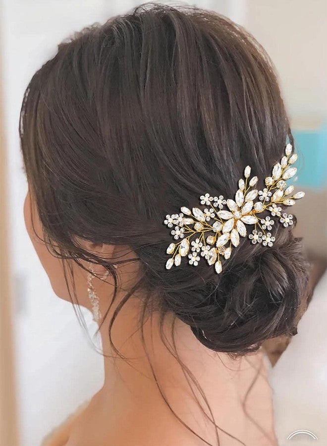 Unsutuo Crystal Bride Wedding Hair Comb Silver Rhinestone Flower Bridal Hair Pieces Pearl Wedding Hair Accessories for Women and Girls… (Gold) - Image 2