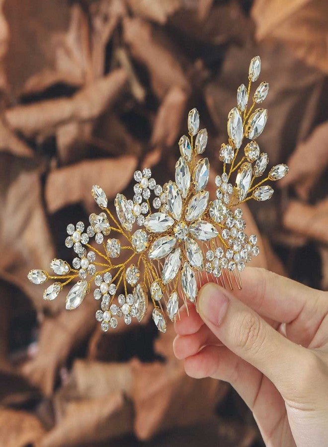 Unsutuo Crystal Bride Wedding Hair Comb Silver Rhinestone Flower Bridal Hair Pieces Pearl Wedding Hair Accessories for Women and Girls… (Gold) - Image 1