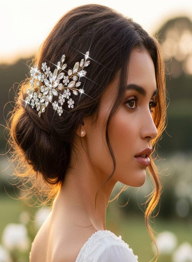 Unsutuo Crystal Bride Wedding Hair Comb Silver Rhinestone Flower Bridal Hair Pieces Pearl Wedding Hair Accessories for Women and Girls… (Gold) - Image 4