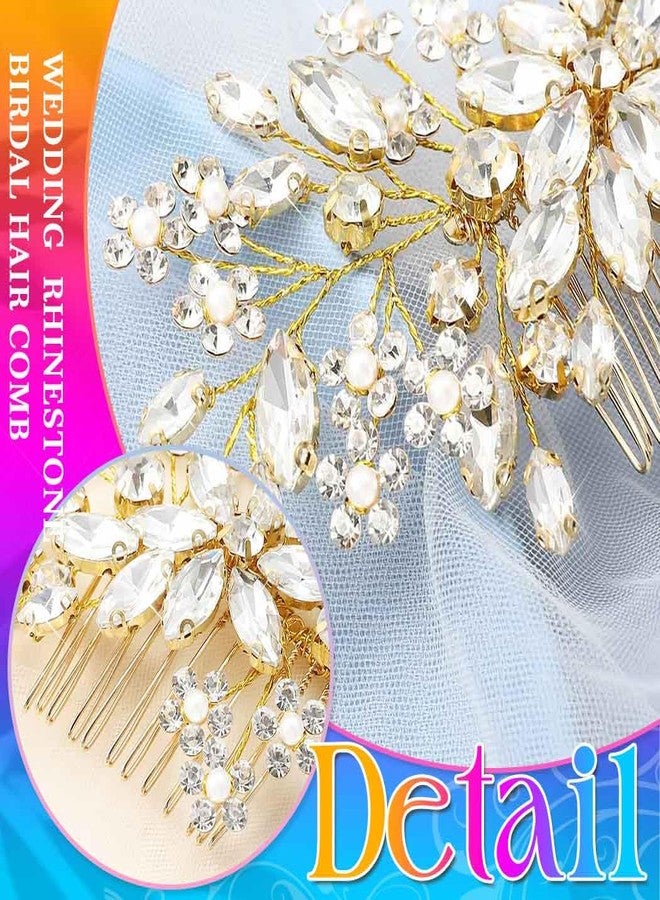 Unsutuo Crystal Bride Wedding Hair Comb Silver Rhinestone Flower Bridal Hair Pieces Pearl Wedding Hair Accessories for Women and Girls… (Gold) - Image 3