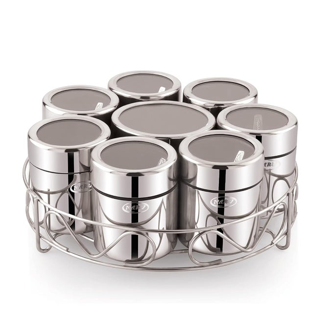 STAINLESS STEEL 8-IN-1 STORAGE CONTAINER SET FOR KITCHEN WITH SEE-THROUGH THREADED LIDS & ROUND WIRE STAND, DURABLE MULTIPURPOSE KITCHEN STORAGE BOX, IDEAL FOR SPICES, HERBS, & DRY FRUITS, SILVER