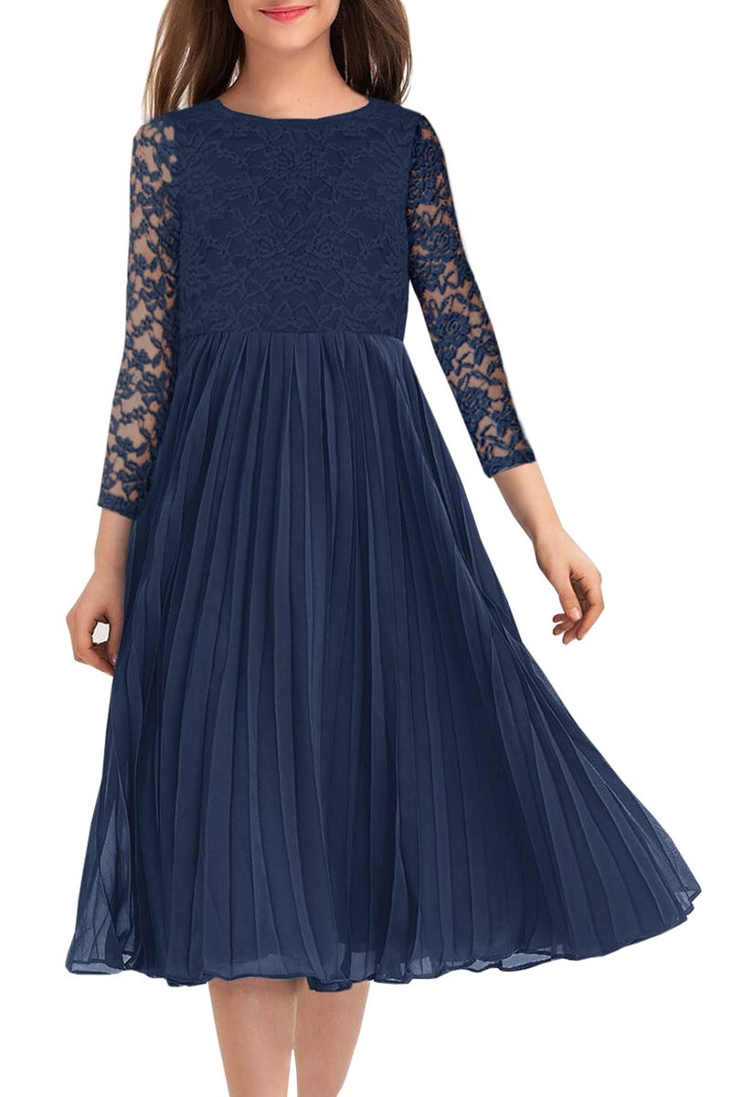 HOSIKA Autumn Girls Kids Lace 34 Sleeve Floral ALine Pleated Casual Party Midi Dress Navy Blue 6 Years