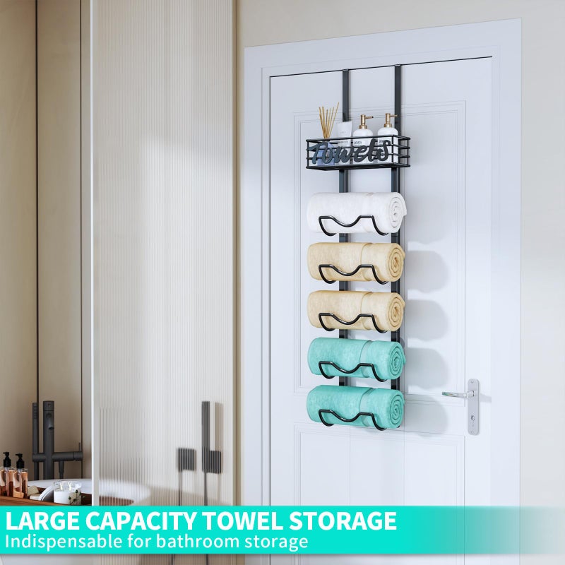 HapiRm Over The Door Towel Rack - 6 Tier Wall Mount Rolled Towel Holder Storage Organizer Shelf with Storage Basket for Small Bathroom, Rv, Camper - Black - Image 5