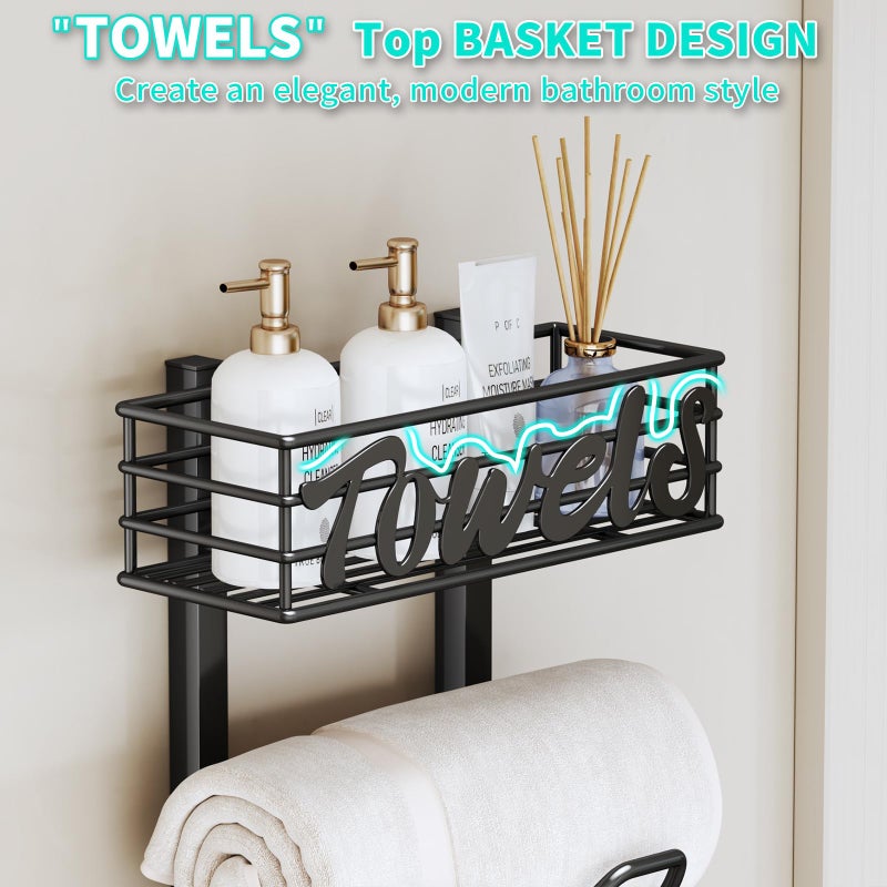 HapiRm Over The Door Towel Rack - 6 Tier Wall Mount Rolled Towel Holder Storage Organizer Shelf with Storage Basket for Small Bathroom, Rv, Camper - Black - Image 4