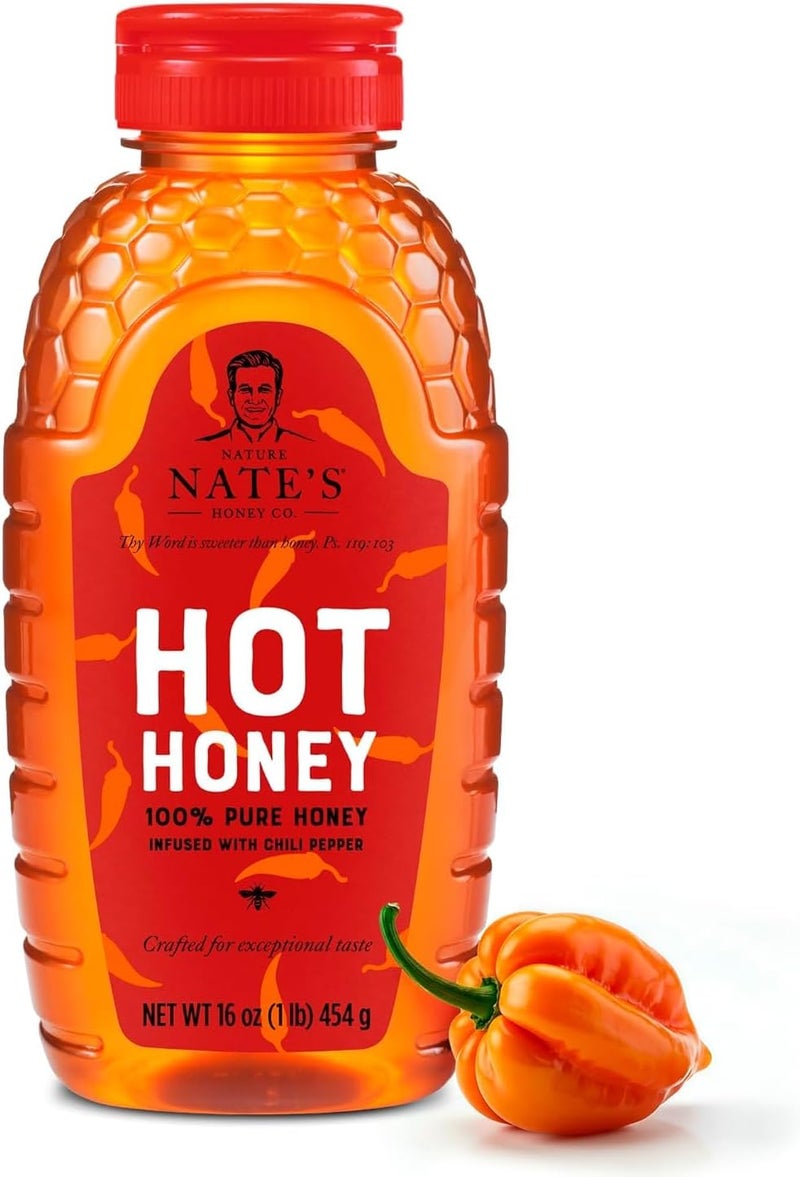 Nature Nate's Nate's Hot Honey - 100% Pure Honey Infused with Habanero Chili Pepper Flakes, 16 oz Squeeze Bottle - Image 1