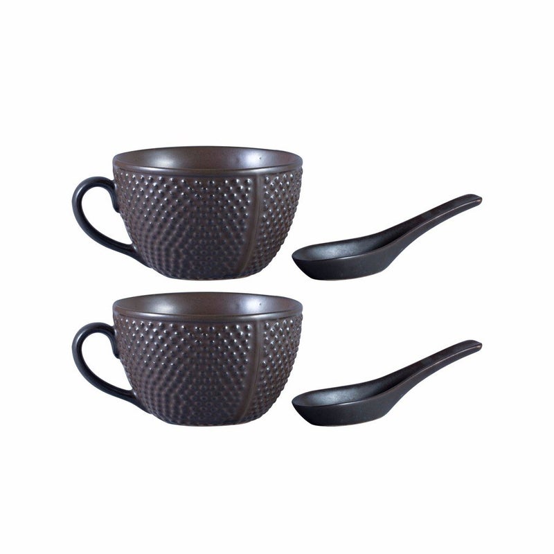 Caffeine Ceramic Handmade Brown Bubble Single Handled Soup Bowl (Set of 2)