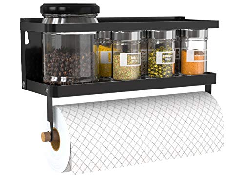 Hoopoton Magnetic Paper Towel Holder, 2-in-1 Magnetic Spice Rack with Hooks,Wall Mount Shelf Towel Rack for Refrigerator (Black, With hook) - Image 1