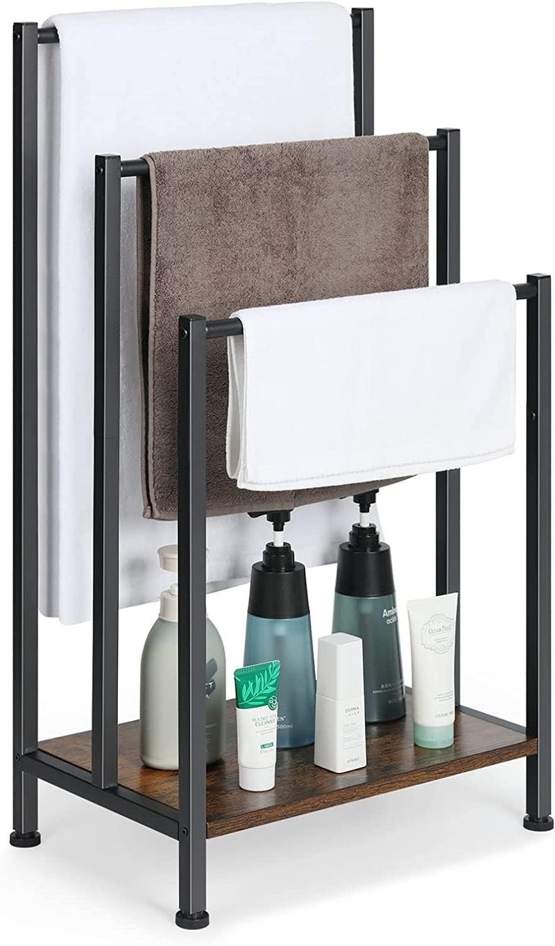 INDIDECOR INDIDECOR 51288 Freestanding Towel Rack 3 Tier Blanket Rack Stand with Rustic Brown Wooden Shelf Industrial Towel Stand Rack and Quilt Rack for Living Room Bathroom Storage 171 L11 W323 H 