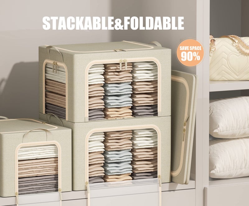Furnhome 3 Openings Clothes Storage Bins with Metal Frame, Foldable Storage Bin for Clothes, Clothing Storage Bins with Lid, Linen Storage Box With Clear Windowï¼† Zippersï¼† Durable Handles.(3 Pcs,Beige,40L) - Image 2