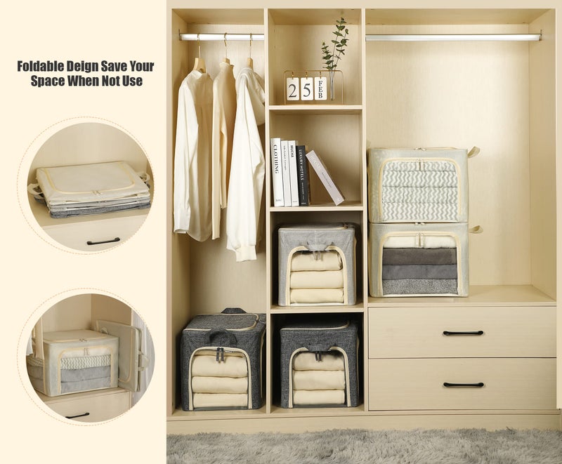 Furnhome 3 Openings Clothes Storage Bins with Metal Frame, Foldable Storage Bin for Clothes, Clothing Storage Bins with Lid, Linen Storage Box With Clear Windowï¼† Zippersï¼† Durable Handles.(3 Pcs,Beige,40L) - Image 5
