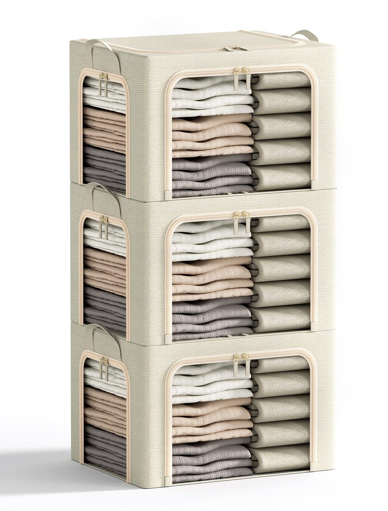 Furnhome 3 Openings Clothes Storage Bins with Metal Frame, Foldable Storage Bin for Clothes, Clothing Storage Bins with Lid, Linen Storage Box With Clear Windowï¼† Zippersï¼† Durable Handles.(3 Pcs,Beige,40L) - Image 1