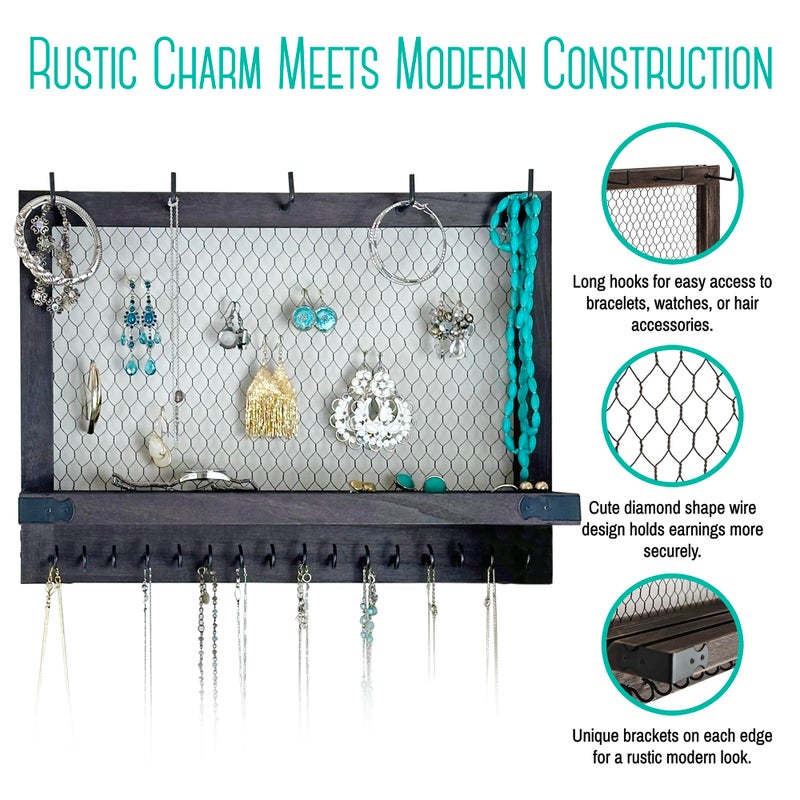 OUTSHINE Large Farmhouse Wall Jewelry Organizer (Espresso) | Wall Organizer For Earrings, Necklace, Bracelet, Hair Accessories | Chicken Wire Earring Holder | For Women, Wife, Mom, Girlfriend - Image 4
