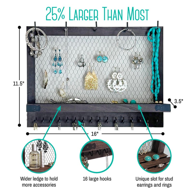 OUTSHINE Large Farmhouse Wall Jewelry Organizer (Espresso) | Wall Organizer For Earrings, Necklace, Bracelet, Hair Accessories | Chicken Wire Earring Holder | For Women, Wife, Mom, Girlfriend - Image 3