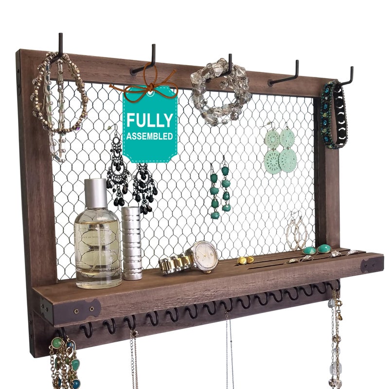 OUTSHINE Large Farmhouse Wall Jewelry Organizer (Espresso) | Wall Organizer For Earrings, Necklace, Bracelet, Hair Accessories | Chicken Wire Earring Holder | For Women, Wife, Mom, Girlfriend - Image 1