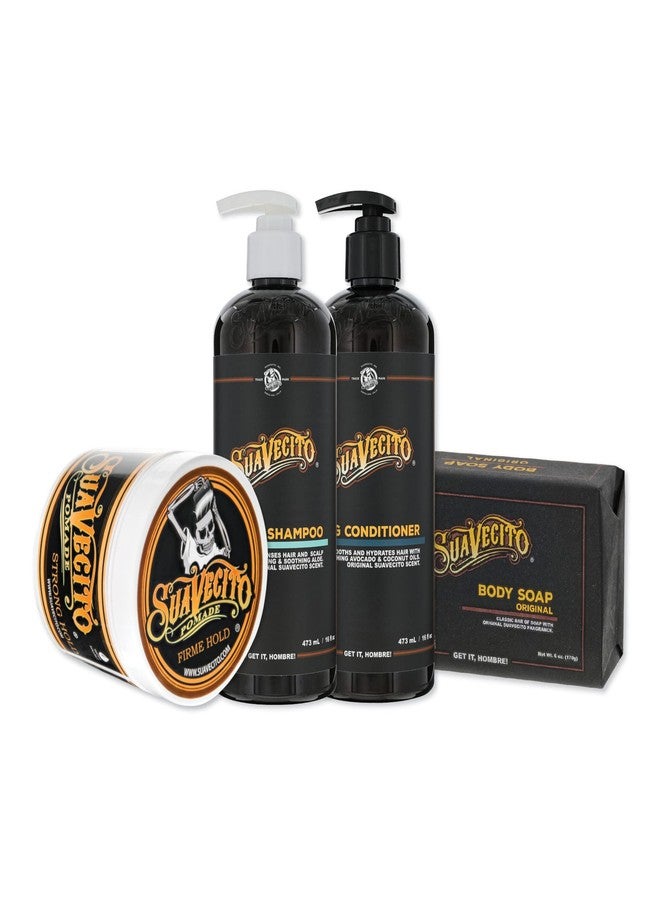 Suavecito Hair & Body Essentials Bundle: Firme (Strong) Hold Hair Styling Pomade, Moisturizing Body Soap, Hydrating Shampoo & Nourishing Conditioner… - Image 1