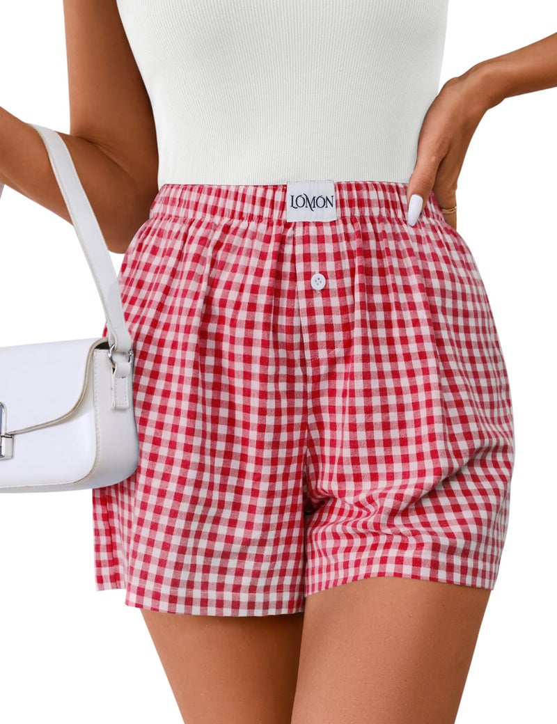 LOMON Womens Boxer Shorts Casual Summer 2026 Pajama Lounge Sleep Pj Gingham Plaid Shorts Y2K Beach Bottoms (Red White Plaid M) - Image 1