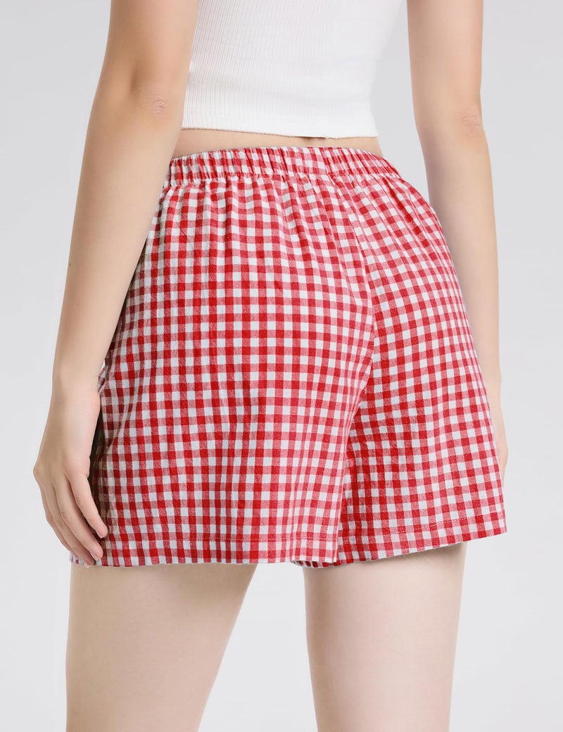 LOMON Womens Boxer Shorts Casual Summer 2026 Pajama Lounge Sleep Pj Gingham Plaid Shorts Y2K Beach Bottoms (Red White Plaid M) - Image 3