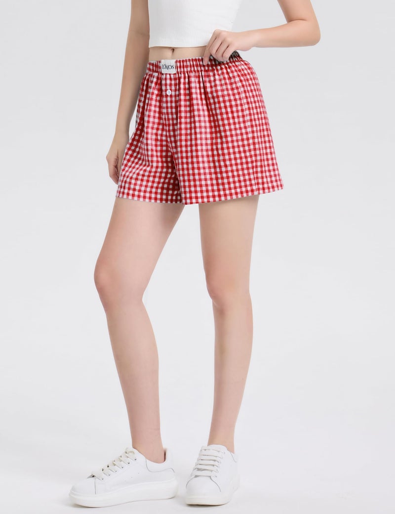 LOMON Womens Boxer Shorts Casual Summer 2026 Pajama Lounge Sleep Pj Gingham Plaid Shorts Y2K Beach Bottoms (Red White Plaid M) - Image 5
