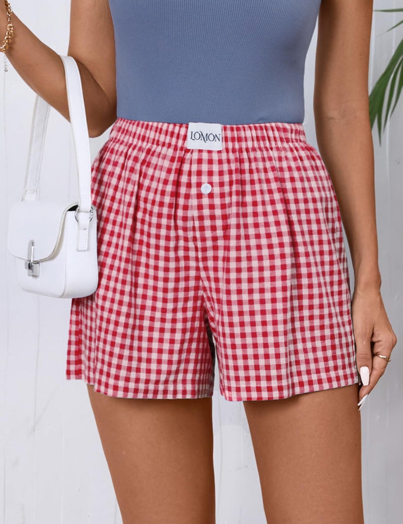 LOMON Womens Boxer Shorts Casual Summer 2026 Pajama Lounge Sleep Pj Gingham Plaid Shorts Y2K Beach Bottoms (Red White Plaid M) - Image 2