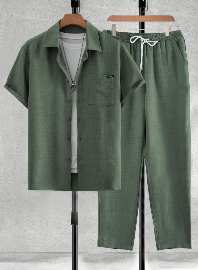 Take Two Men Green Solid Shirt and Pants Co-ords - Image 1