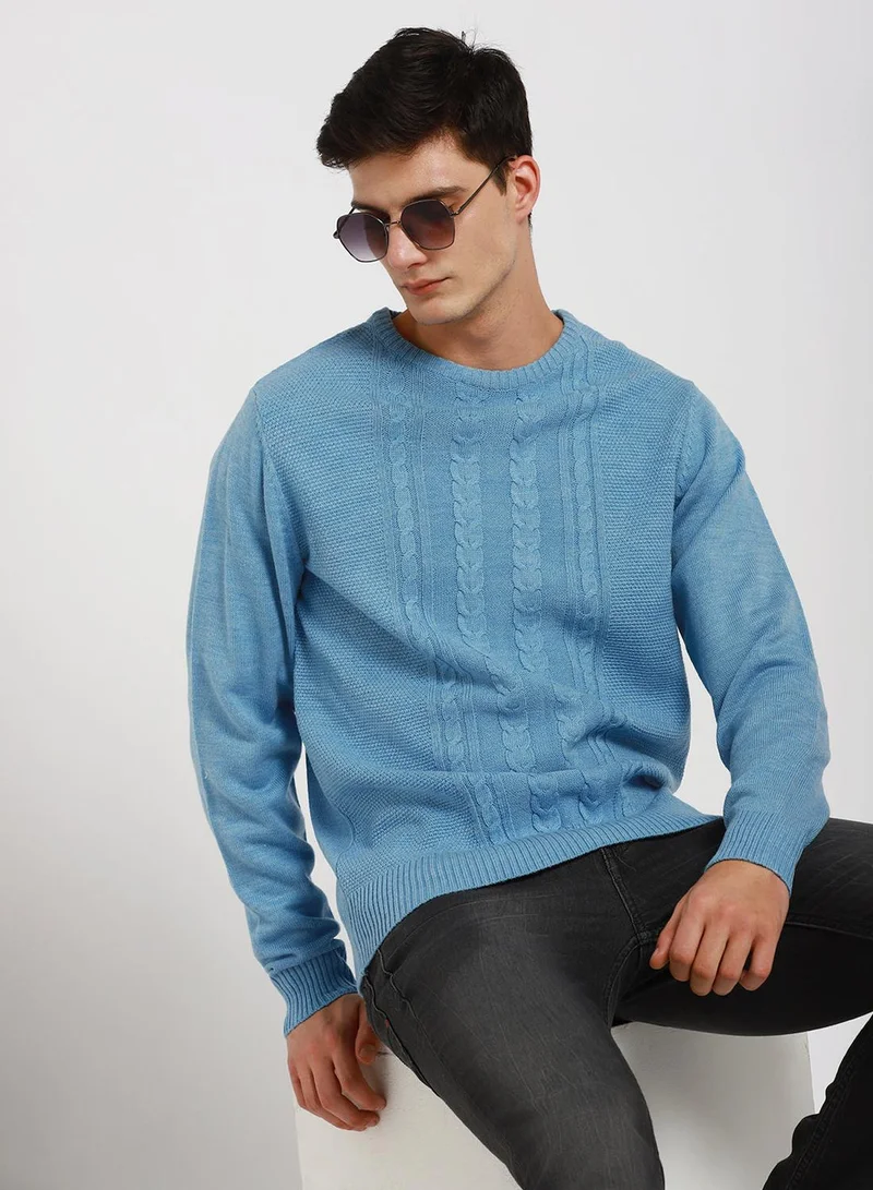Men's Light Blue 100% Acrylic Solid Slim Sweater