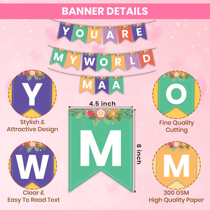 1iAM Mother's Day Decorations Items of 64 - Multicolor "YOU ARE MY WORLD MAA" Printed Banner, Red Cursive Love Foil Balloon, Golden Foil Curtain, 60pcs Balloon & Arch For Party Decor For Amma, Mumma - Image 4