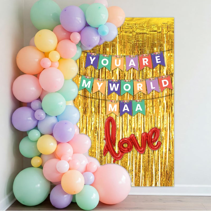 1iAM Mother's Day Decorations Items of 64 - Multicolor "YOU ARE MY WORLD MAA" Printed Banner, Red Cursive Love Foil Balloon, Golden Foil Curtain, 60pcs Balloon & Arch For Party Decor For Amma, Mumma - Image 1
