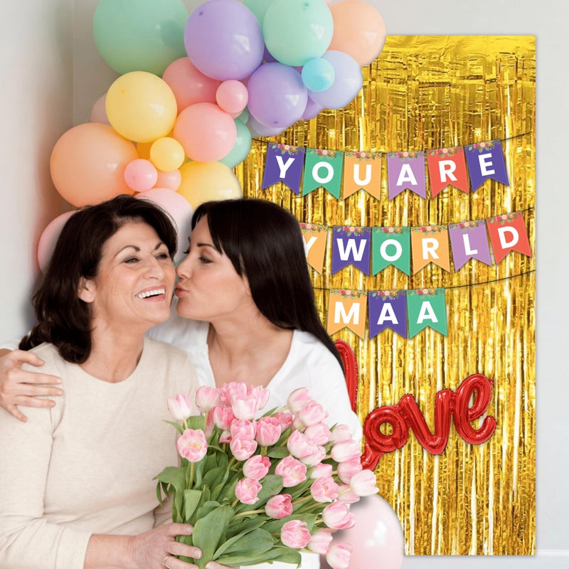 1iAM Mother's Day Decorations Items of 64 - Multicolor "YOU ARE MY WORLD MAA" Printed Banner, Red Cursive Love Foil Balloon, Golden Foil Curtain, 60pcs Balloon & Arch For Party Decor For Amma, Mumma - Image 3