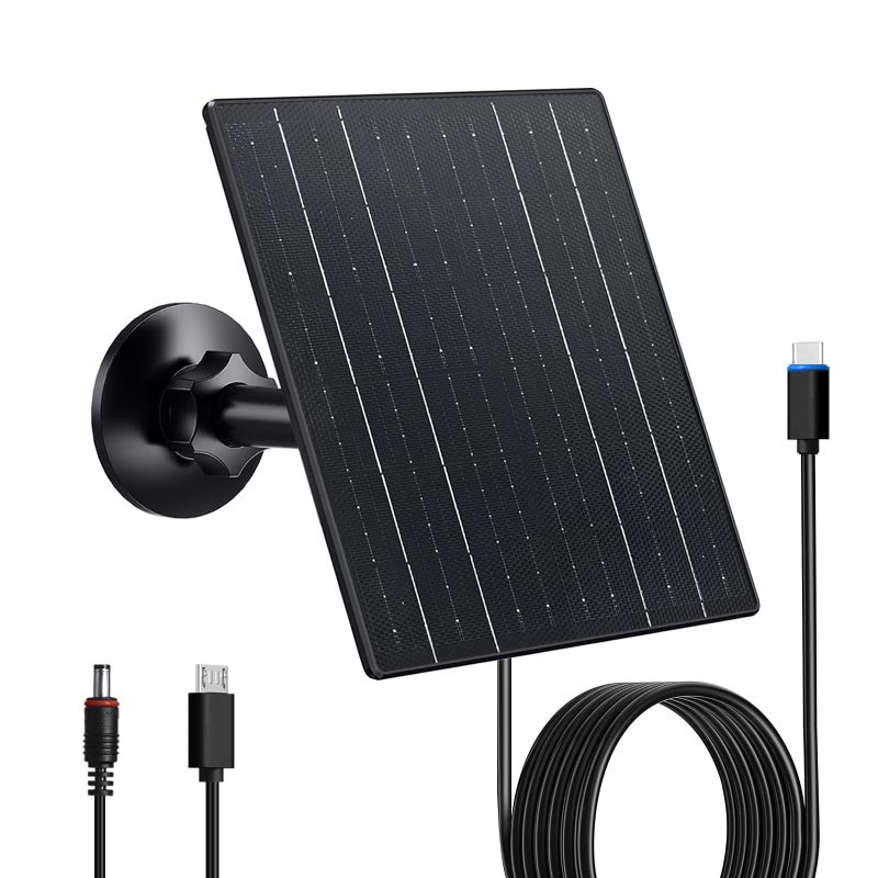 Zivif 10W Solar Charger, 5V Solar Panel for Security Cameras with USB-C/Micro USB/DC 5.5x2.1mm Ports, IP66 Waterproof, 360Â° Adjustable Mount & 7.2ft Cable - Image 1