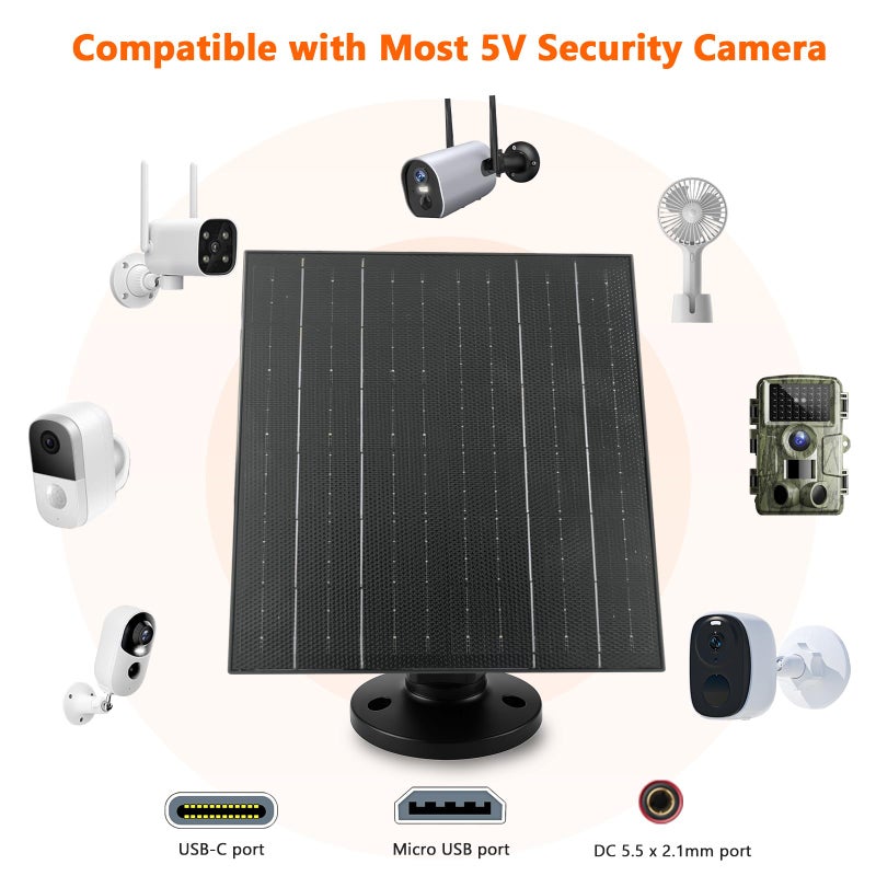 Zivif 10W Solar Charger, 5V Solar Panel for Security Cameras with USB-C/Micro USB/DC 5.5x2.1mm Ports, IP66 Waterproof, 360Â° Adjustable Mount & 7.2ft Cable - Image 2