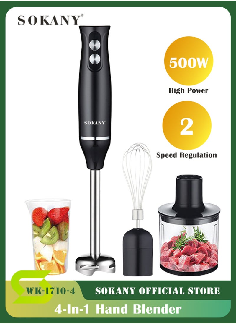 sokany 1000ml Powerful Hand Immersion Blender, Handblender with Chopper and Whisk, 500w 4-in-1 Manual Multi Purpose Stainless Steel Stick Blender, Food Processor, Wk-1710-4 (Black, Clear)  - Image 1