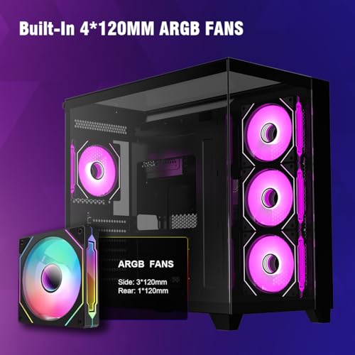 RUIX OV403 ATX Mid-Tower PC Case, Pre-Installed 4 x 120mm Prism ARGB PWM Fans and Graphics Card Holder, Three-Sided Tempered Glass Panels, USB 3.0 & Type-C Ports, Gaming Computer Case - Black - Image 3