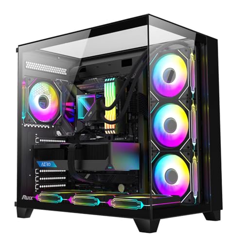 RUIX OV403 ATX Mid-Tower PC Case, Pre-Installed 4 x 120mm Prism ARGB PWM Fans and Graphics Card Holder, Three-Sided Tempered Glass Panels, USB 3.0 & Type-C Ports, Gaming Computer Case - Black - Image 1