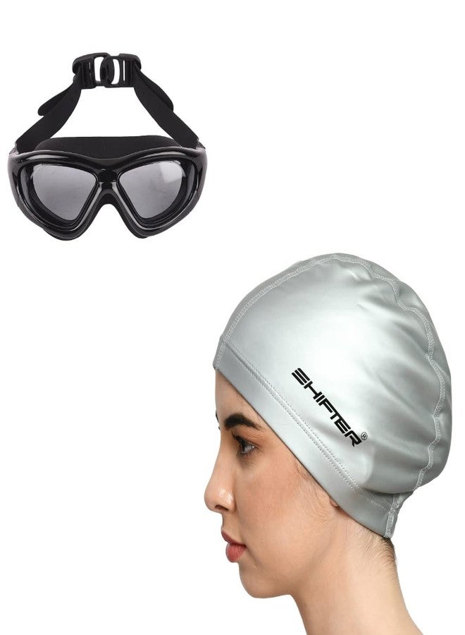 Swimming Cap Goggle Set for Adults Premium Anti Fog Goggle Wide Lens Big Size with Fabric Pu Swim Cap for Long and Shorts Hair (Grey)