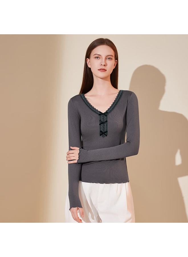 Dingguagua Dingguagua Women's Thermal Underwear Modal Lace Large Round Neck Thermal Base Shirt Modern Gray 160