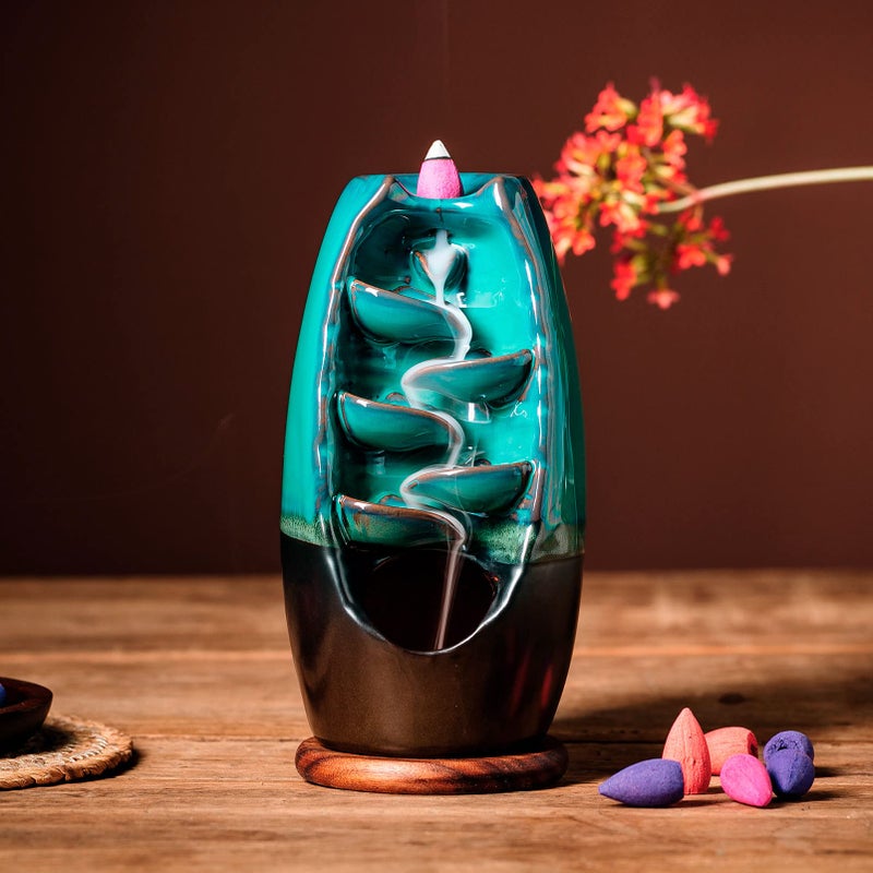 IN ONE INONE Ceramic Incense Burner with 100 Upgraded Cones  Waterfall Backflow Incense Holder  Aromatherapy Ornament  Zen Decor  Home Decor  Room Decor (Cyan) - Image 4