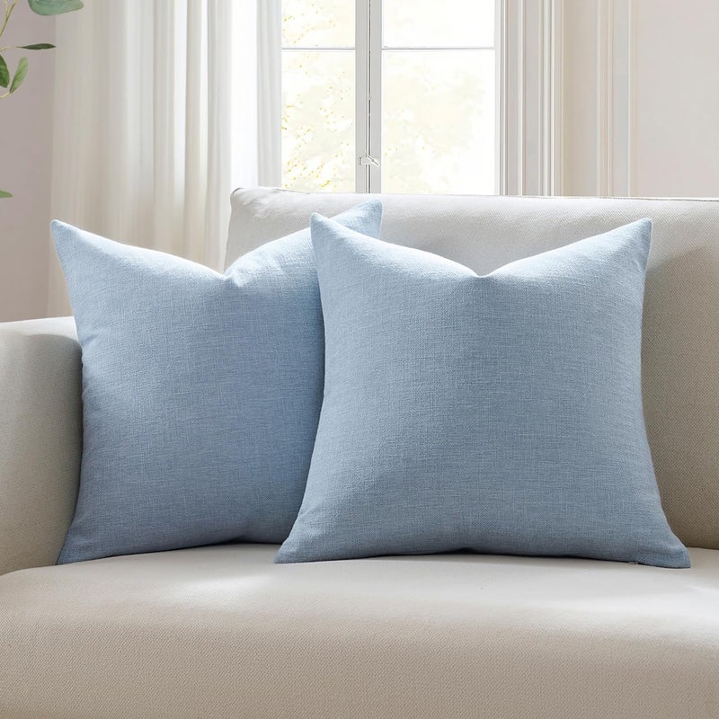 Meekio Set of 2 Sky Blue Pillow Covers 18 x 18 Inch Farmhouse Boho Decorative Throw Pillow Covers Linen Cushion Covers for Sofa Couch Décor - Image 1