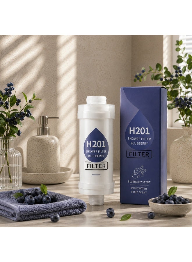 H201 Shower Filter with a refreshing blueberry fragrance and Vitamin C, featuring a multi-layer filtration system for water purification. Helps reduce impurities, chlorine residue, and fluoride, while advanced filtration beads help minimize skin and hair dryness. Designed for quick and easy installation and compatible with most standard shower systems. - Image 1