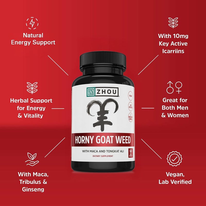 Zhou Horny Goat Weed  Herbal Extract for Men  Women Supplement with Maca Tribulus Tongkat Ali  Ginseng Maximum Strength for Health  Energy  60 Veggie Capsules - Image 4