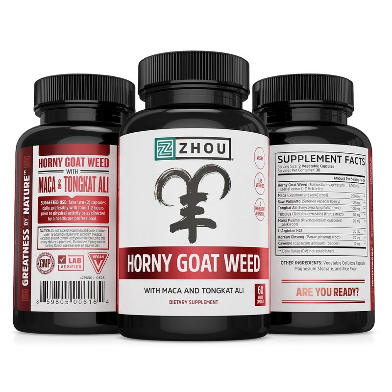 Zhou Horny Goat Weed  Herbal Extract for Men  Women Supplement with Maca Tribulus Tongkat Ali  Ginseng Maximum Strength for Health  Energy  60 Veggie Capsules - Image 2