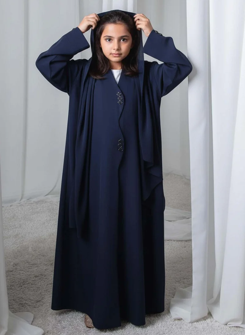 أم سكوير فاشن Kids Abaya With Sheila I Elegant Navy Blue Barbie Crepe Modest Wear for Girls