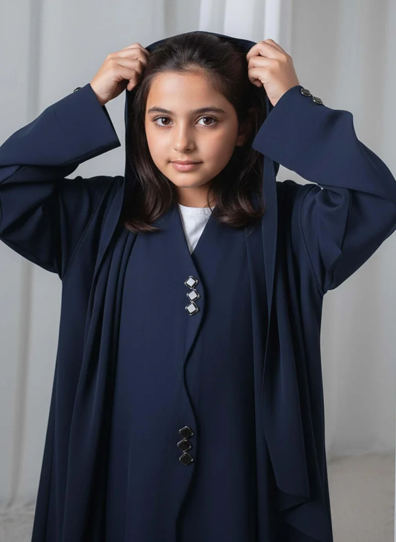 أم سكوير فاشن Kids Abaya With Sheila I Elegant Navy Blue Barbie Crepe Modest Wear for Girls