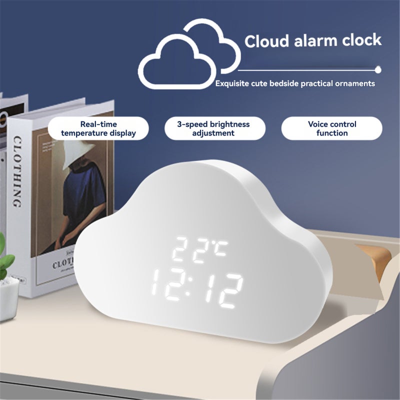 LED Clock Cloud Design Solid Wood Alarm Clock - Voice Activated Night Light with Temperature Display for Bedside Desktop - Image 3