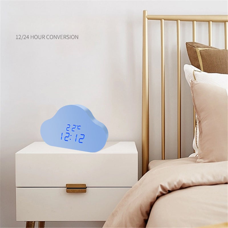 LED Clock Cloud Design Solid Wood Alarm Clock - Voice Activated Night Light with Temperature Display for Bedside Desktop - Image 4