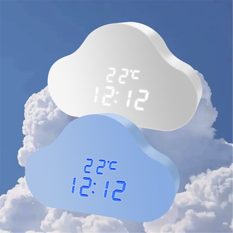 LED Clock Cloud Design Solid Wood Alarm Clock - Voice Activated Night Light with Temperature Display for Bedside Desktop - Image 2