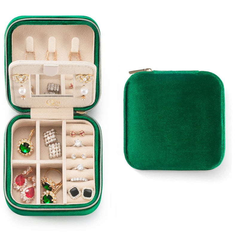 ZPROW Plush Velvet Travel Jewelry Case, Organizer, Box, Small Case for Women, Earring Organizer with Mirror, Best Gifts For Daughter, Girlfriend, Mom | Gifts For Her - Emerald Green - Image 1